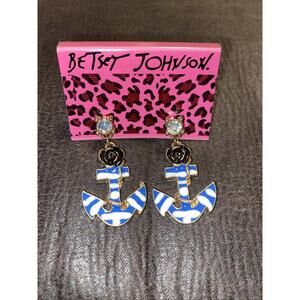 Betsey Johnson EARRINGS Anchor & Flower DANGLE Blue Cream IRIDESCENT CRYSTAL New